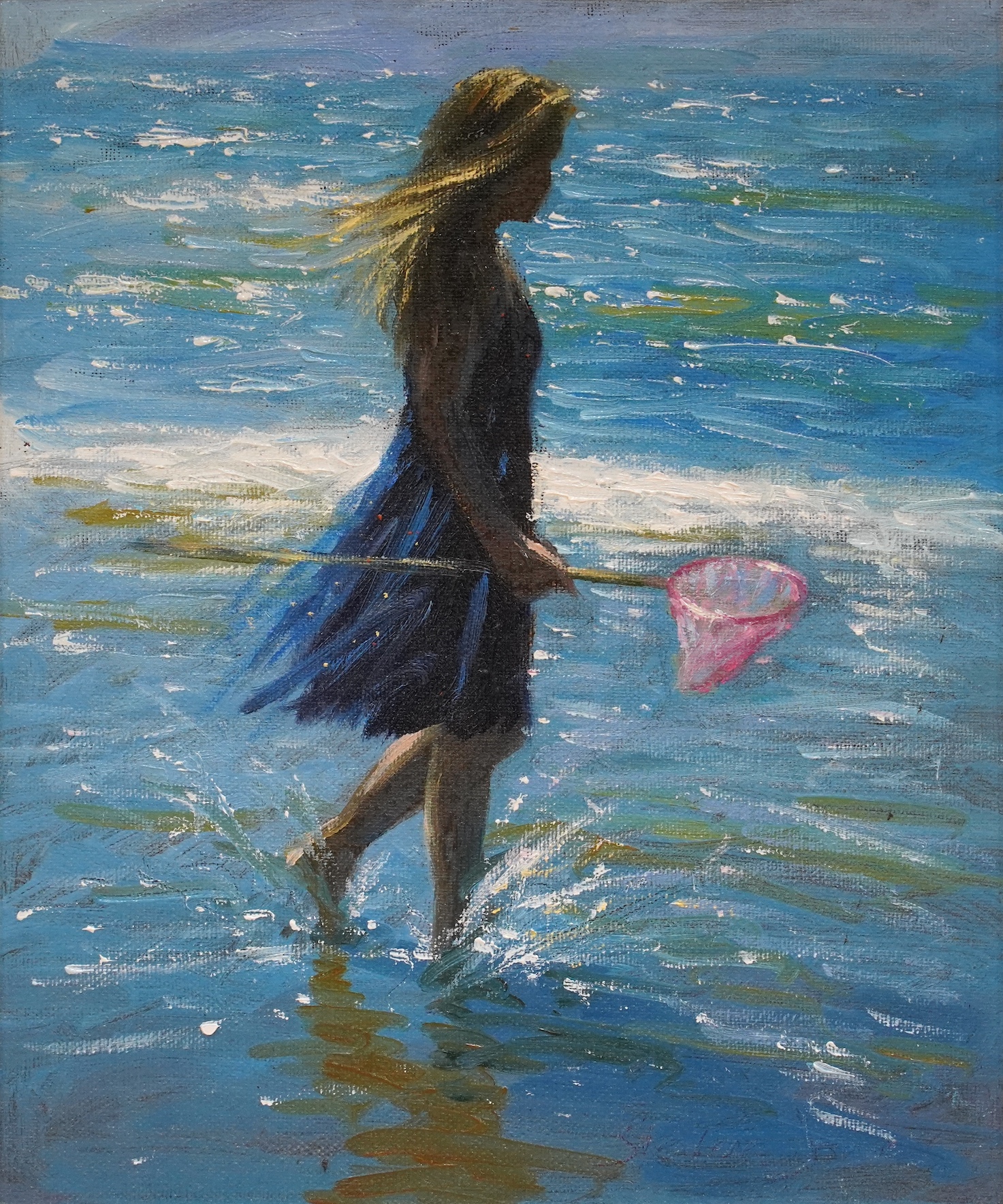 Stephen Jones (1959-2017), oil on canvas board, Girl with fishing net, signed, 29 x 24cm